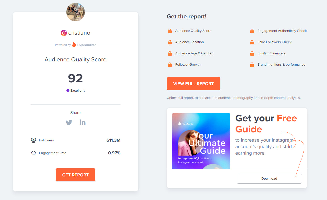 Audience quality score on HypeAuditor